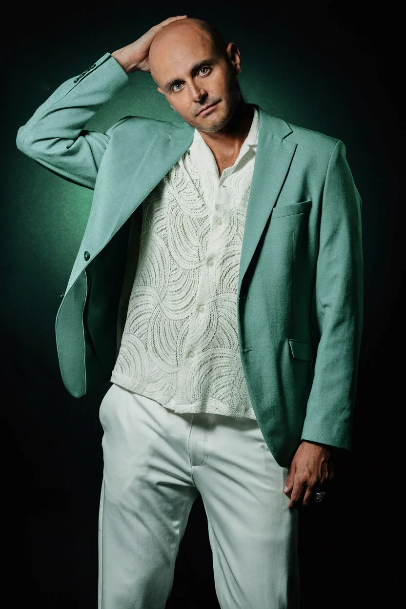 Nicholas Tamagna in a sage jacket against a dark green background